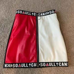 red white and black french vegan leather zip up mini skirt